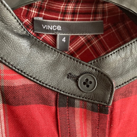 Vince cotton blend long sleeved red plaid blouse with leather trim. Size 4 - Picture 3 of 9